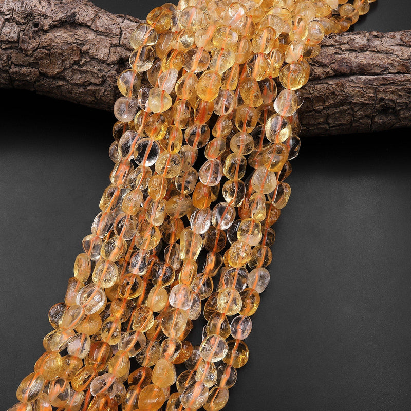 Natural Golden Yellow Citrine Beads Freeform Pebble Nugget Gemstone 15.5" Strand
