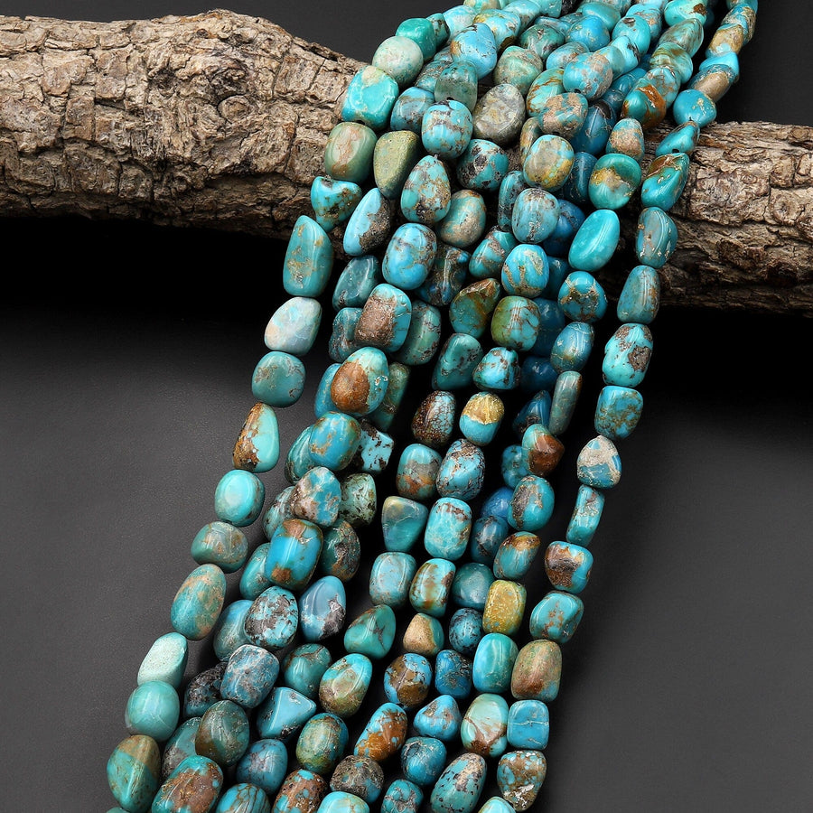 Genuine Natural Turquoise Freeform Pebble Blue Green Golden Brown Beads Nuggets 15.5" Strand