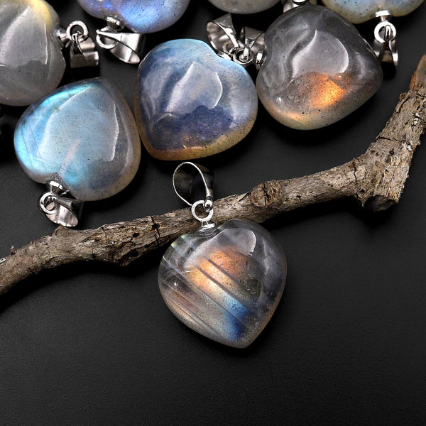 AAA Natural Labradorite Puffy Heart Pendant Rainbow Flashes