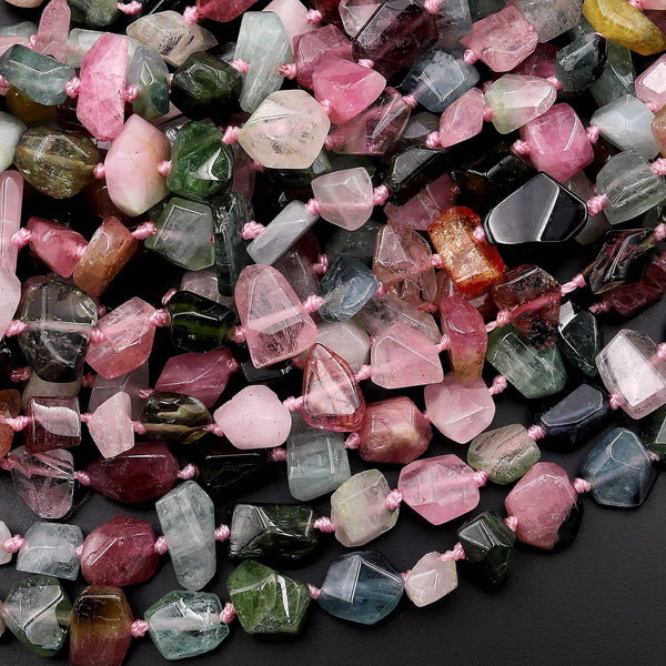 Faceted Colorful Natural Pink Green Tourmaline Nugget Beads 15.5" Strand