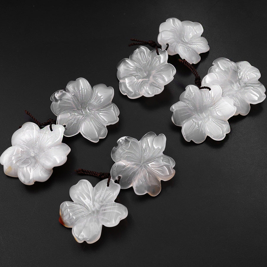 Hand Carved Natural White Agate Flower Earring Pair Drilled Gemstone Matched Beads