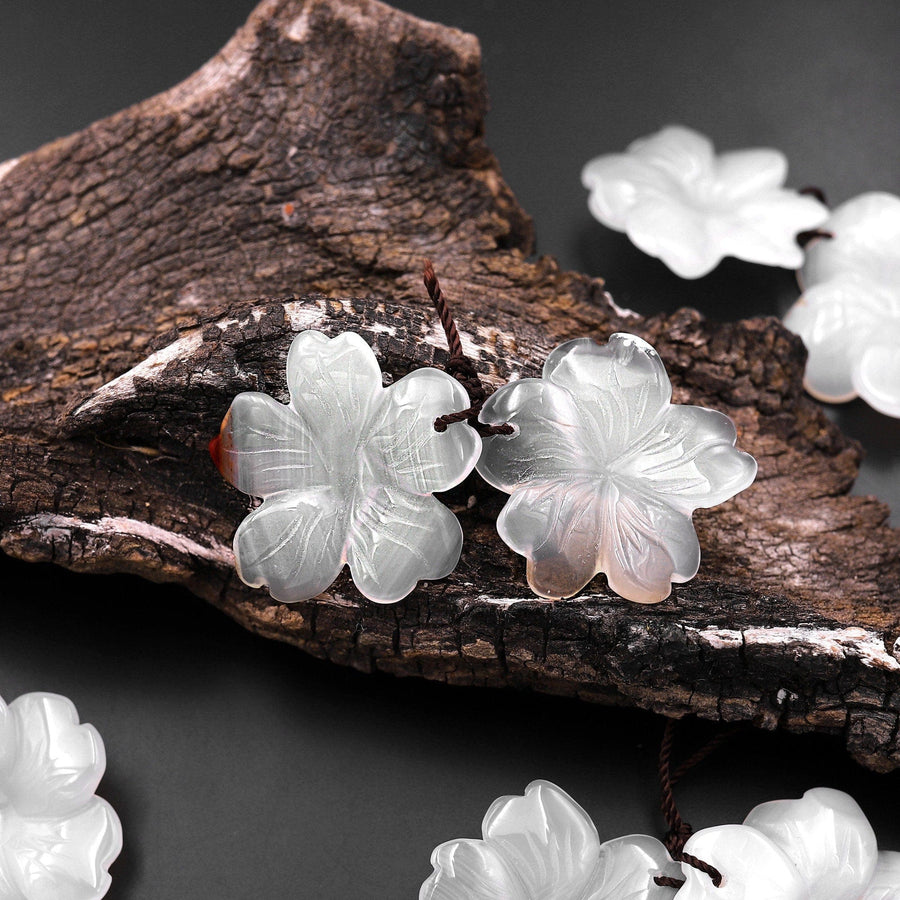Hand Carved Natural White Agate Flower Earring Pair Drilled Gemstone Matched Beads