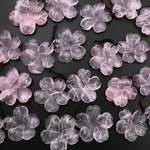 Hand Carved Natural Pink Rose Quartz Flower Earring Pair Drilled Gemstone Matched Beads