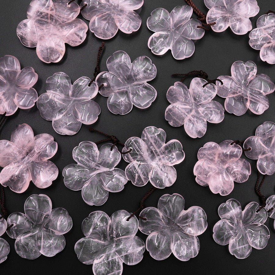 Hand Carved Natural Pink Rose Quartz Flower Earring Pair Drilled Gemstone Matched Beads
