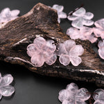 Hand Carved Natural Pink Rose Quartz Flower Earring Pair Drilled Gemstone Matched Beads