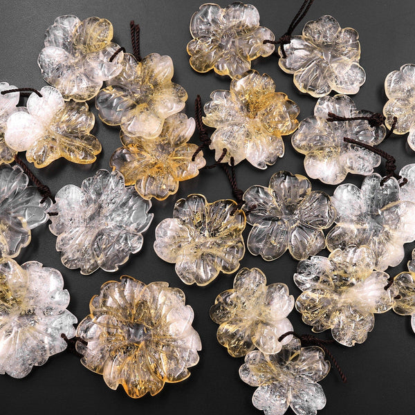 Hand Carved Natural Citrine Flower Earring Pair Drilled Gemstone Matched Beads