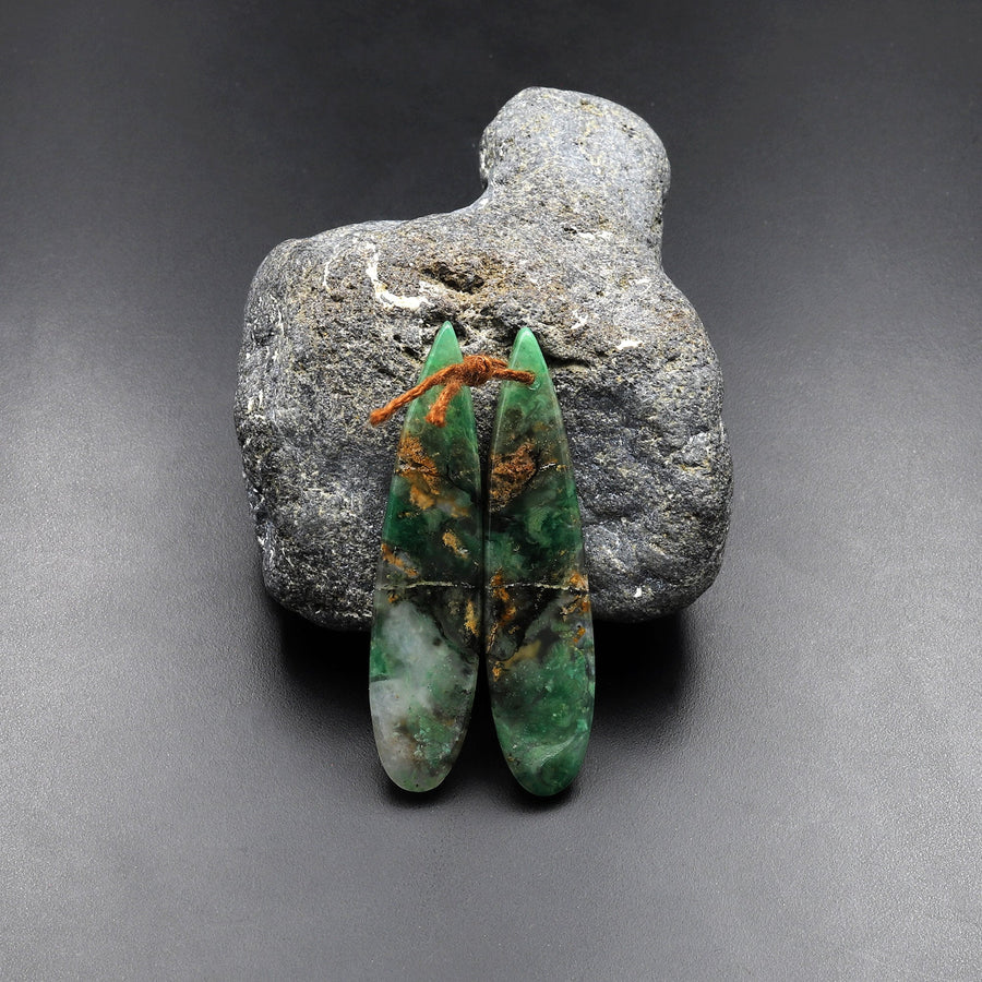 Natural African Green Jade Earring Drilled Gemstone Teardrop Matched Bead Pair