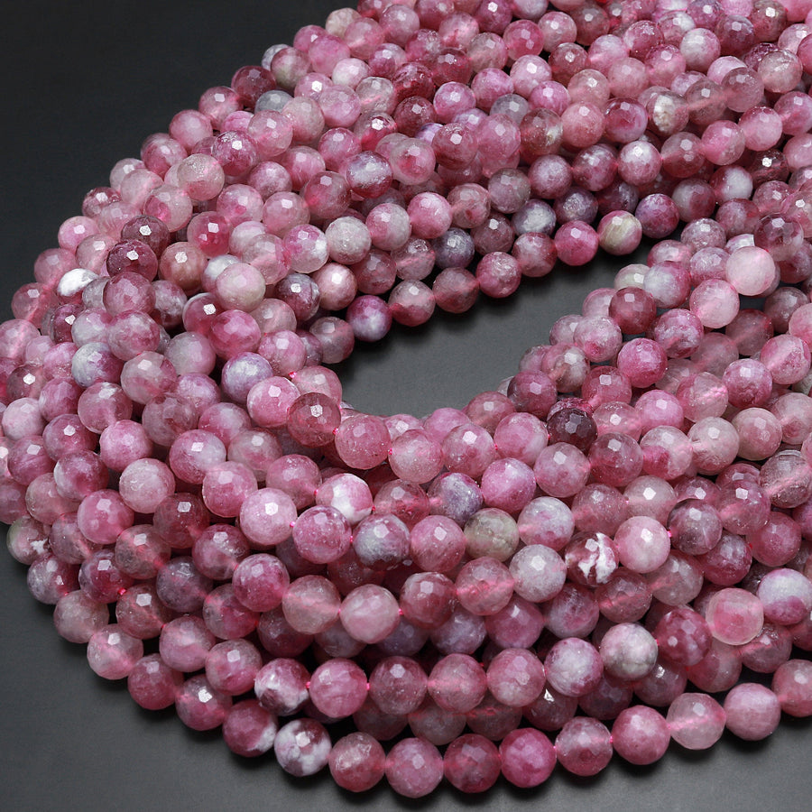 Faceted Natural Pink Tourmaline 8mm Round Beads Diamond Cut Gemstone 15.5" Strand