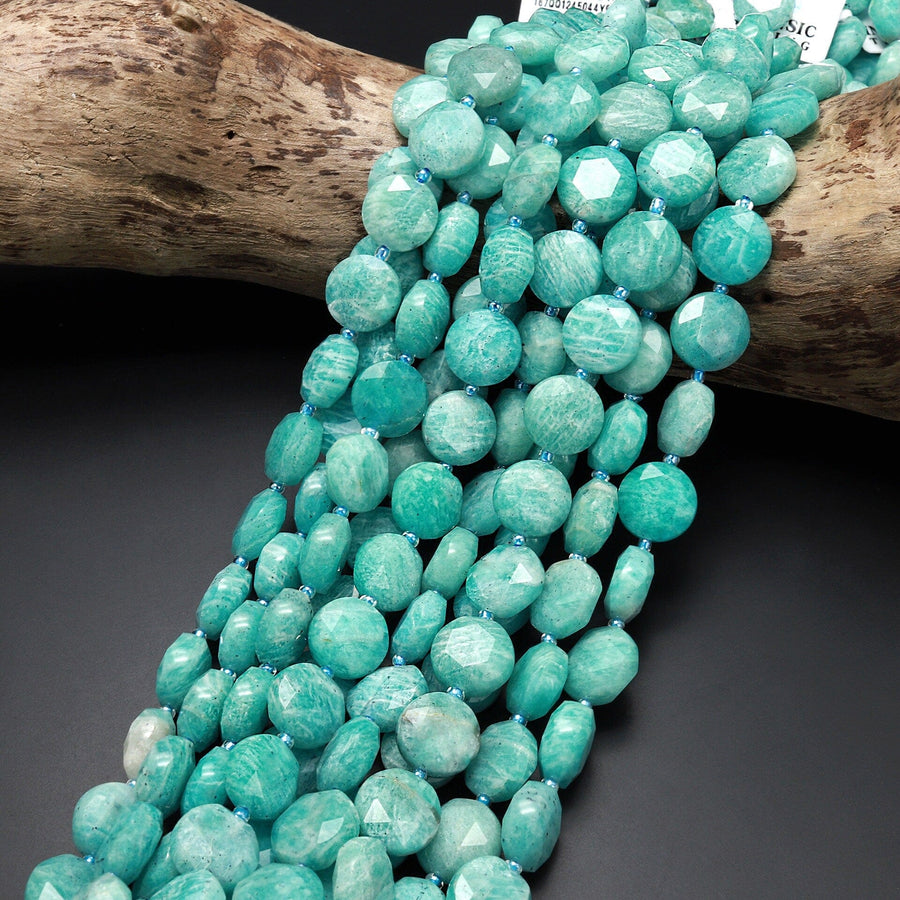 Faceted Natural Peruvian Amazonite Faceted Coin Beads 12mm Stunning Natural Blue Green Gemstone 15.5" Strand