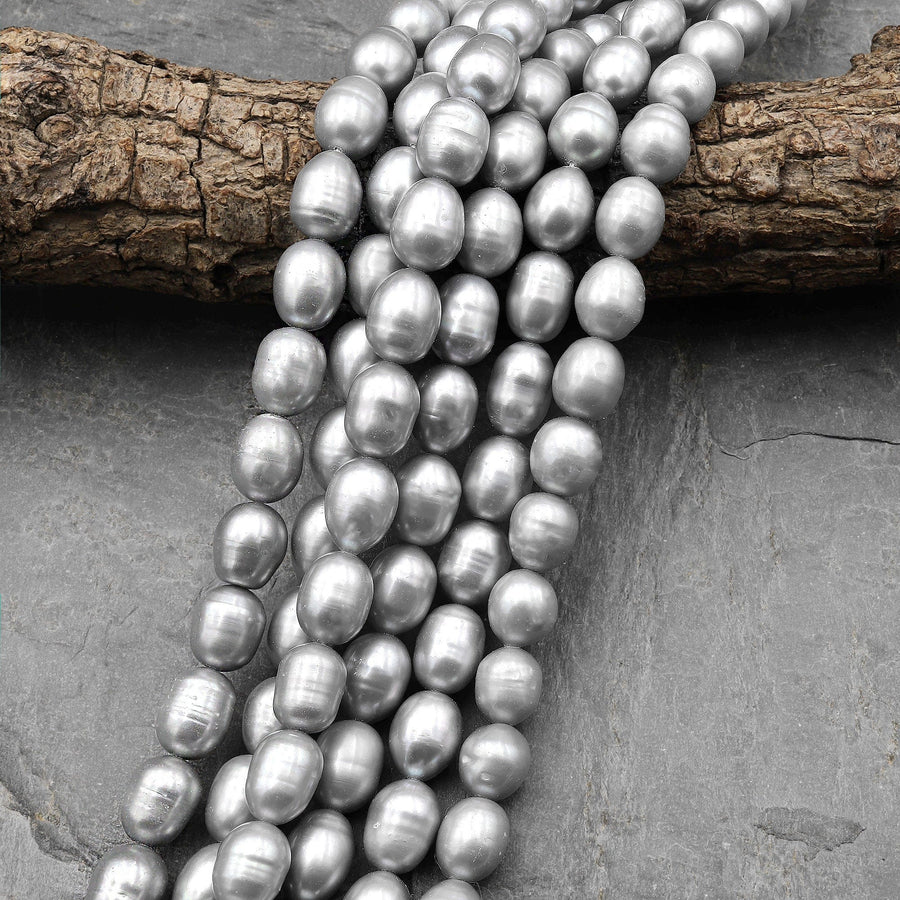 Large Shimmering Silver Oval Potato Genuine Freshwater Pearl 15.5" Strand