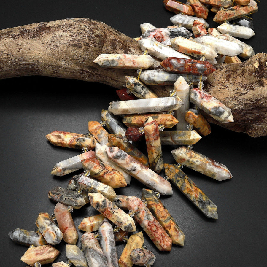 Large Natural Crazy Lace Agate Beads Top Side Drilled Double Terminated Crystal Focal Point Pendants 15.5" Strand