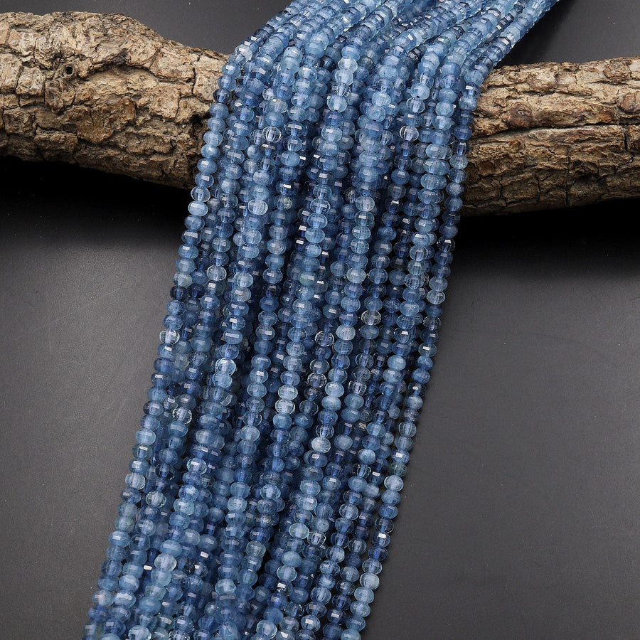 AAA Faceted Natural Blue Santa Maria Aquamarine Lantern Rondelle Beads 4mm Gemstone Extra Translucent 15.5" Strand