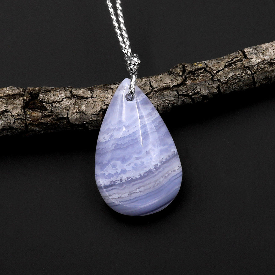 Natural Blue Lace Agate Teardrop Pendant Gemstone Focal Bead