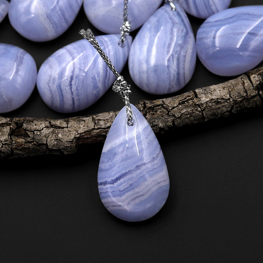 Natural Blue Lace Agate Teardrop Pendant Gemstone Focal Bead