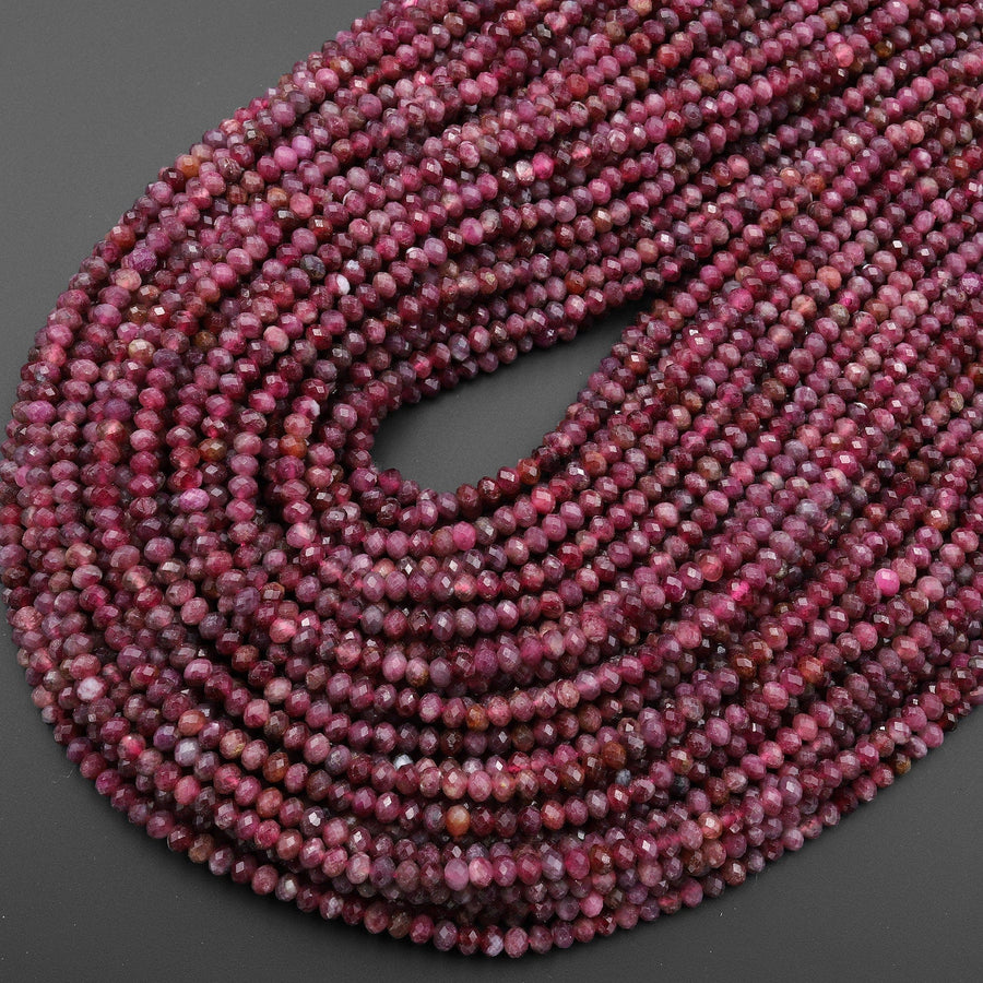 Faceted Natural Red Pink Rubellite Tourmaline 4mm Rondelle Beads Micro Diamond Cut Gemstone 15.5" Strand