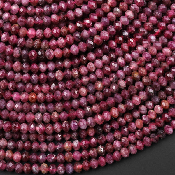 Faceted Natural Red Pink Rubellite Tourmaline 4mm Rondelle Beads Micro Diamond Cut Gemstone 15.5" Strand