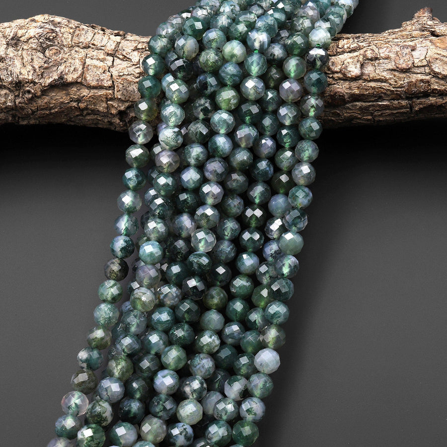 Faceted Natural Green Moss Agate 5mm 6mm 7mm 8mm Round Beads 15.5" Strand