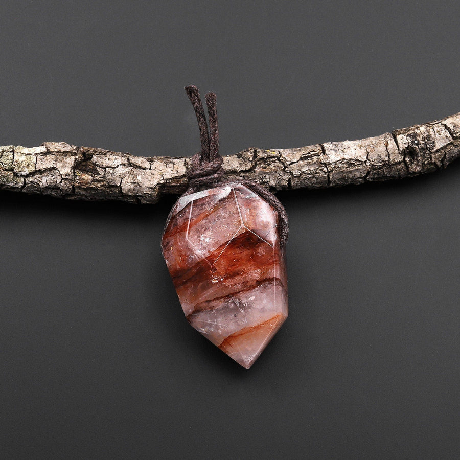 Faceted Natural Red Lepidocrocite Quartz Point Pendant Side Drilled Healing Crystal Pendulum