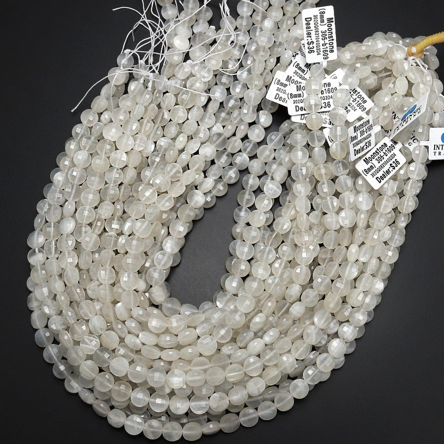 Faceted Natural Creamy White Moonstone 8mm Coin Beads Gemstone 15.5" Strand