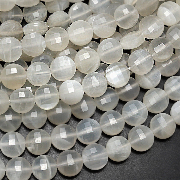 Faceted Natural Creamy White Moonstone 8mm Coin Beads Gemstone 15.5" Strand