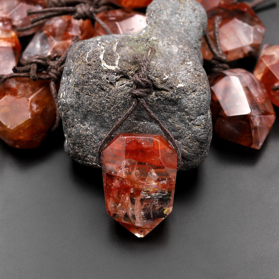 Faceted Natural Red Lepidocrocite Quartz Point Pendant Side Drilled Gemstone Crystal Pendulum