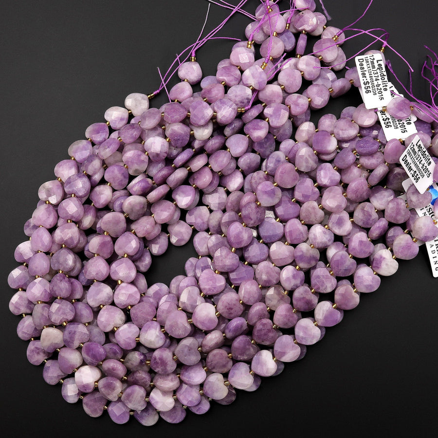 Natural Purple Lepidolite Faceted Heart Beads 12mm Gemstone 15.5" Strand