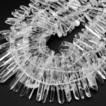 Long Thin Natural Rock Crystal Quartz Beads Points Spikes Top Side Drilled Crystal 15.5" Strand