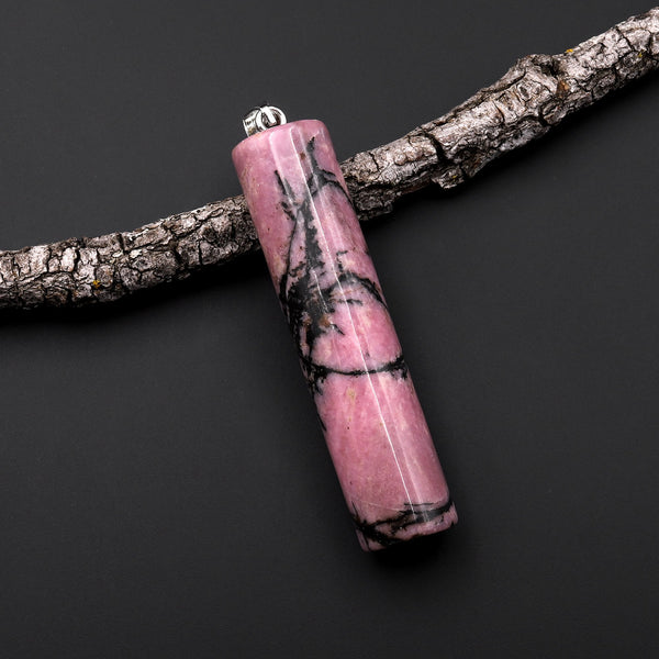 Natural Pink Black Rhodonite Long Cylinder Pendant Natural Crystal Focal Bead A2