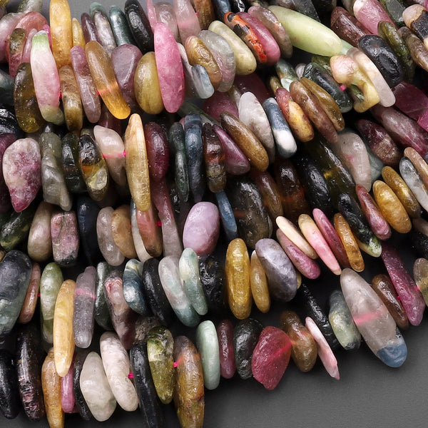 Large Natural Multicolor Tourmaline Slices Freeform Chip Beads 15.5" Strand