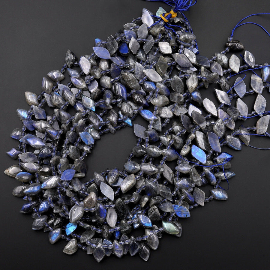 Natural Blue Labradorite Beads Small Leaf Teardrop Earring Beads Top Side Drilled Tons of Dark Blue Flashes 15.5" Strand