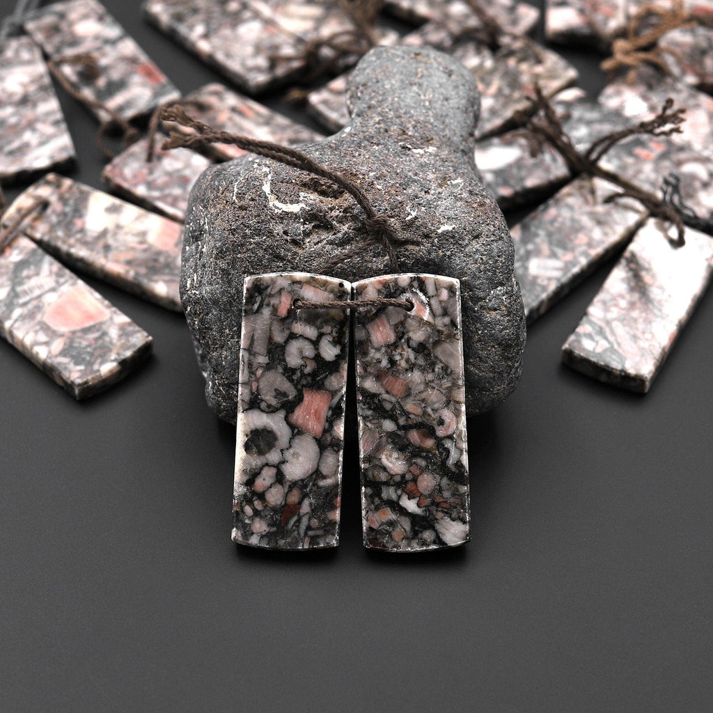 Natural Crinoid Fossil Flat Rectangle Earring Pair Cabochon Cab Drilled Matched Gemstone Bead Pair