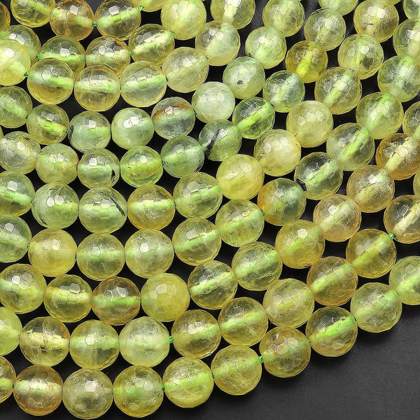 Faceted Natural Yellow Prehnite 6mm 8mm Round Beads 15.5" Strand