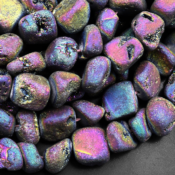 Rainbow Druzy Agate 10mm Nugget Beads With Sparkling Quartz Crystal Cave 15.5" Strand