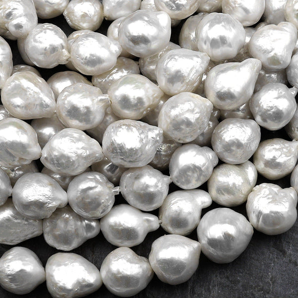 White Flame Ball Ming Edison Pearl Genuine Natural Freshwater Pearl 15.5" Strand
