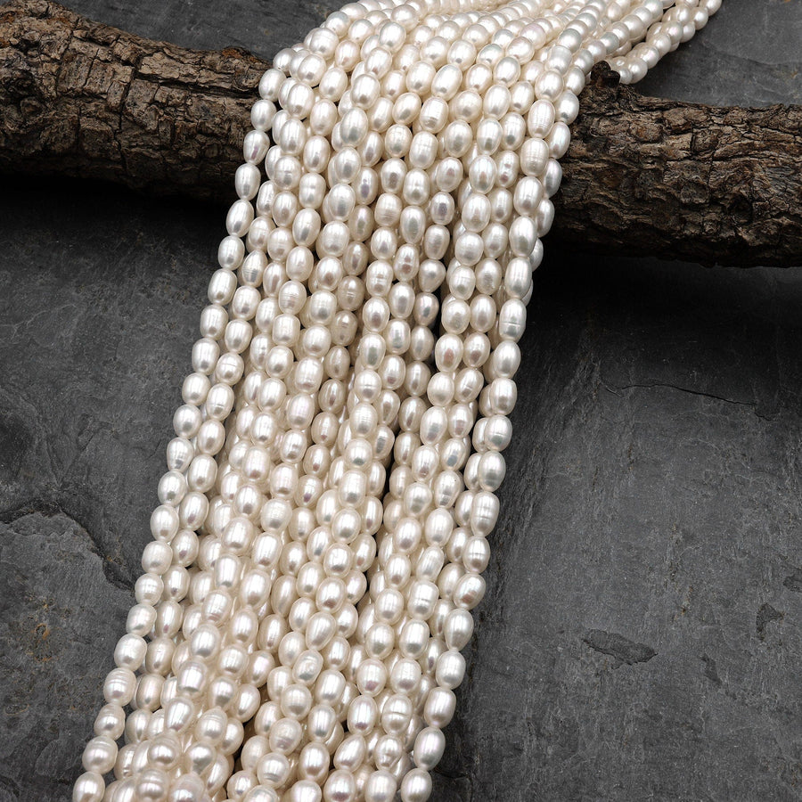 Genuine White Freshwater Potato Oval Rice 7x5mm Pearl Shimmery Iridescent Classic White Pearl 15.5" Strand