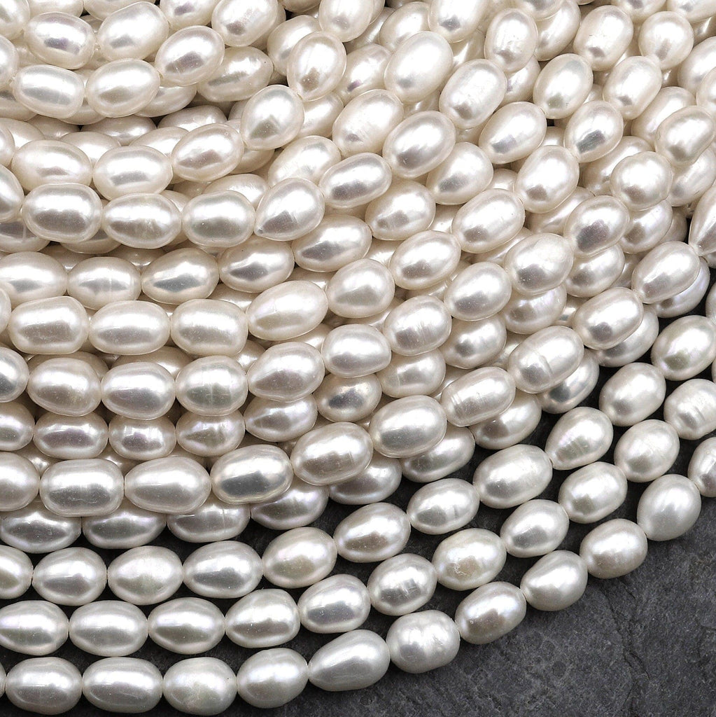Genuine White Freshwater Potato Oval Rice 7x5mm Pearl Shimmery Iridescent Classic White Pearl 15.5" Strand