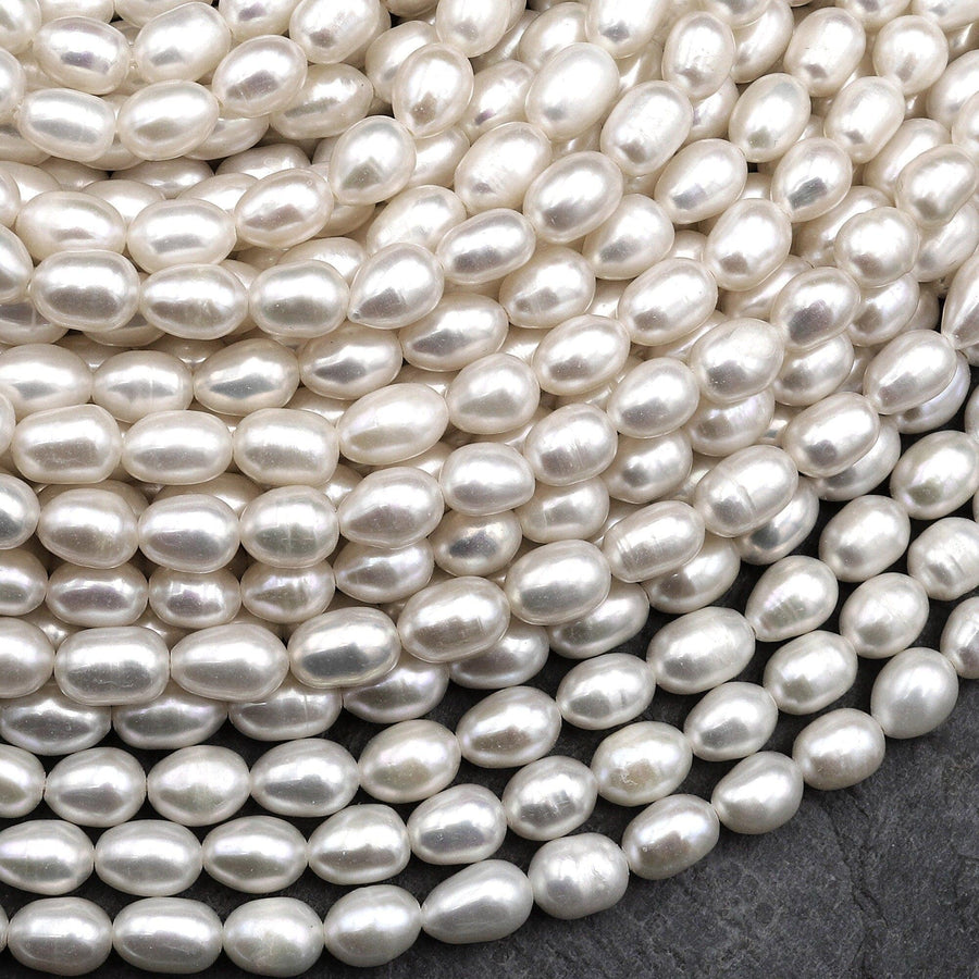 Genuine White Freshwater Potato Oval Rice 7x5mm Pearl Shimmery Iridescent Classic White Pearl 15.5" Strand