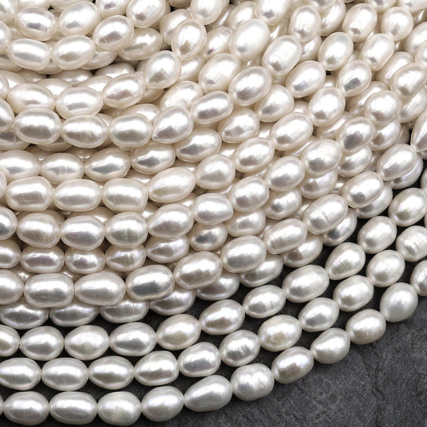Genuine White Freshwater Potato Oval Rice 7x5mm Pearl Shimmery Iridescent Classic White Pearl 15.5" Strand