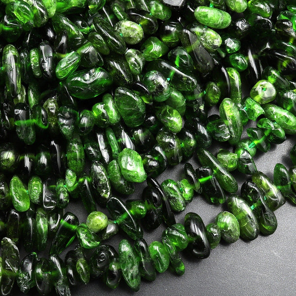 Natural Green Chrome Diopside Freeform Irregular Chip Pebble Nugget Gemstone 15.5" Strand