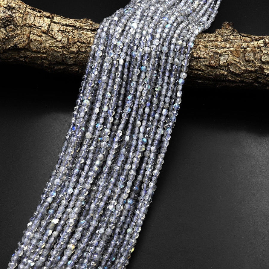 AAA Faceted Labradorite Coin Beads 3mm 4mm 15.5" Strand