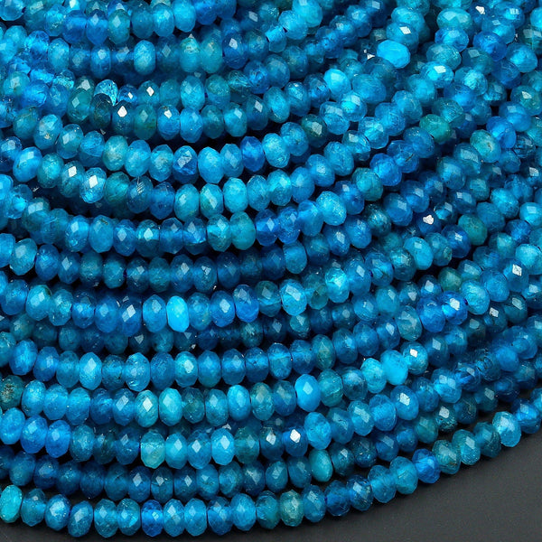 AAA+ Faceted Natural Blue Apatite 3mm 4mm Rondelle Beads Gemstone 15.5" Strand