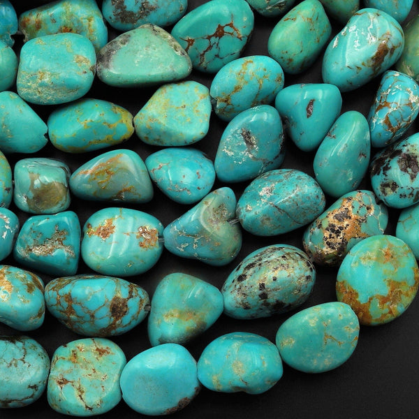 Real Genuine Natural Vibrant Green Blue Turquoise Freeform Nugget Pebble Beads 15.5" Strand