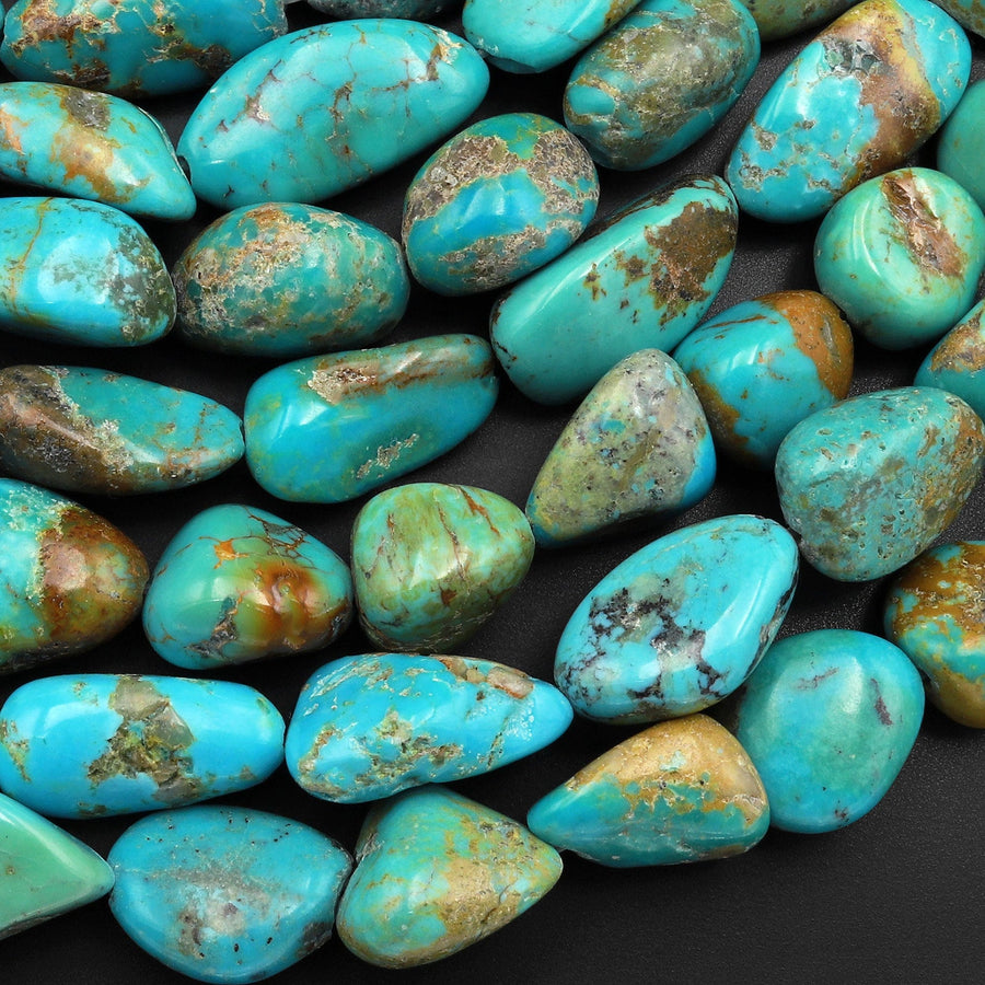 Real Genuine Natural Green Blue Golden Turquoise Freeform Nugget Pebble Beads 15.5" Strand