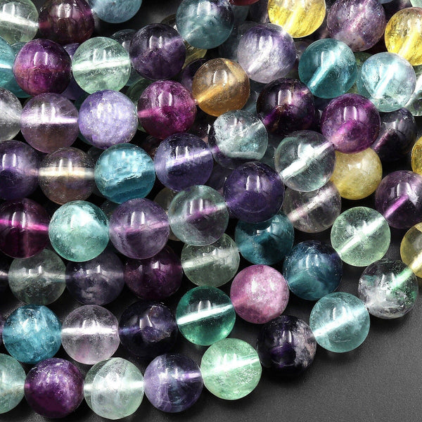 Natural Fluorite Beads Smooth 6mm 8mm 10mm Vibrant Purple Green Blue Yellow Gemstone 15.5" Strand