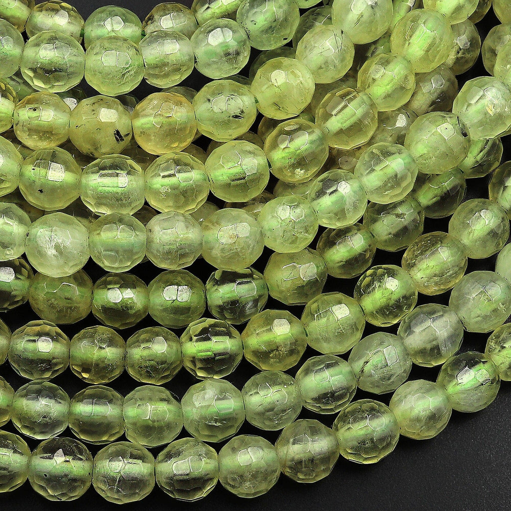 Faceted Natural Yellow Green Prehnite 5mm 6mm Round Beads 15.5" Strand