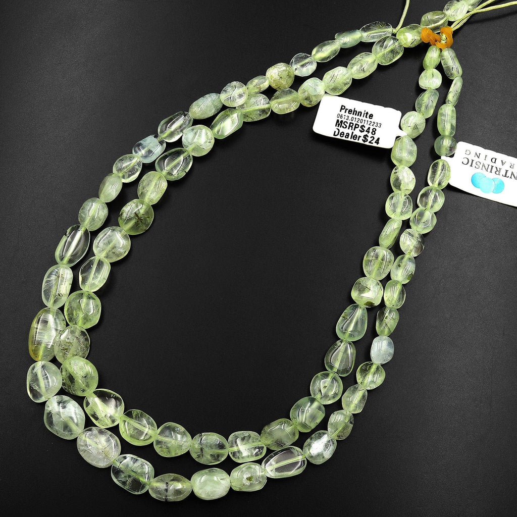 AAA Extra Translucent Natural Soft Green Prehnite Freeform Pebble Nugget Beads 15.5" Strand