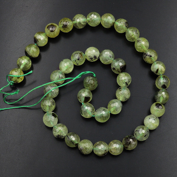 Faceted Natural Prehnite 10mm Round Beads 15.5" Strand