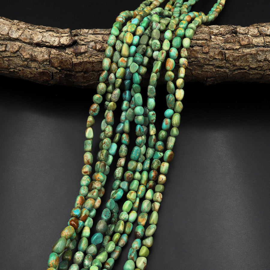 Real Genuine Small Natural Green Brown Turquoise Freeform Nugget Pebble Beads 15.5" Strand