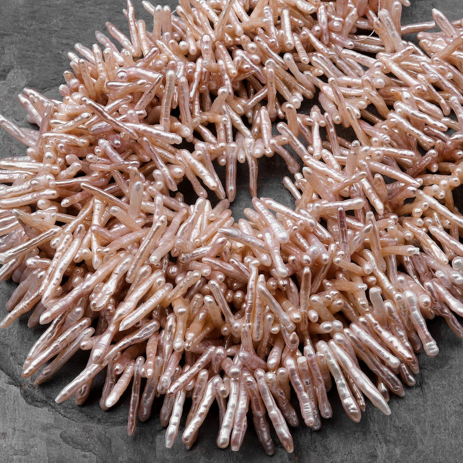 AAA Thin Fine Natural Freshwater Pink Biwa Stick Pearl 15.5" Strand