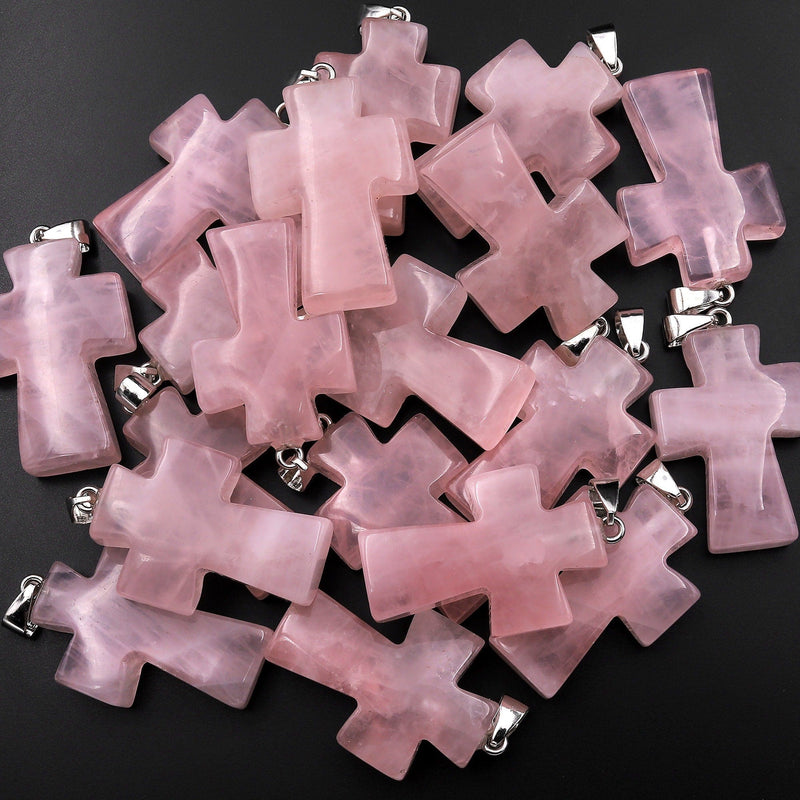 Natural Pink Rose Quartz Cross Pendant Natural Crystal Focal Bead